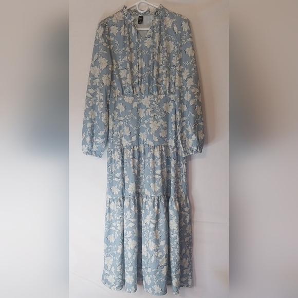 Dazy Dresses & Skirts - Dazy, Floral Print, Tie Neck, Ruffle Bottom Dress, Size L, Blue, White